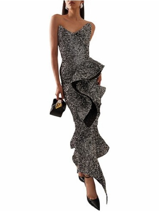 alma king Dresses & Skirts - One-Shoulder Black & Silver Ruffle Column Evening Dress